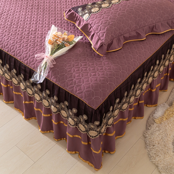 91家纺网 家纺一手货源 找家纺 靓生活 2023新款夹棉绗缝床裙三件套-金玉良缘 优雅紫