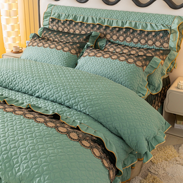 91家纺网 家纺一手货源 找家纺 靓生活 2023新款夹棉绗缝床裙四件套-金玉良缘 豆绿