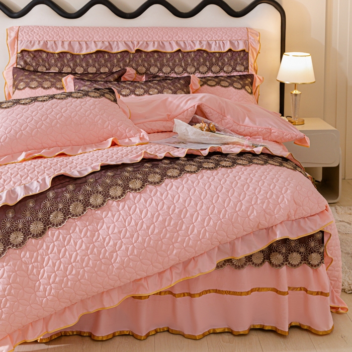 91家纺网 家纺一手货源 找家纺 靓生活 2023新款夹棉绗缝床裙四件套-金玉良缘 粉玉