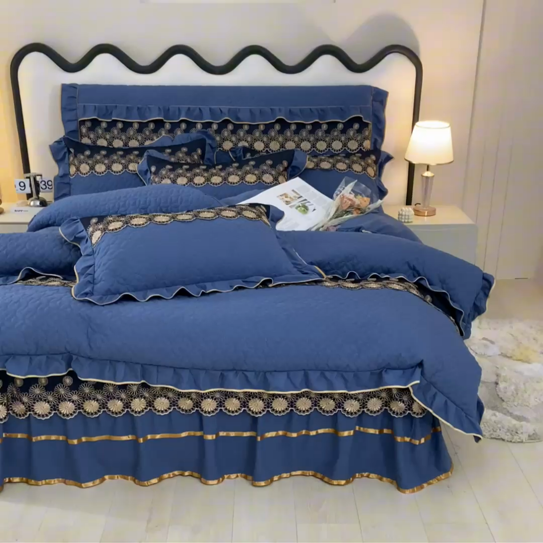 91家纺网 家纺一手货源 找家纺 靓生活 2023新款夹棉绗缝床裙四件套-金玉良缘 宝蓝