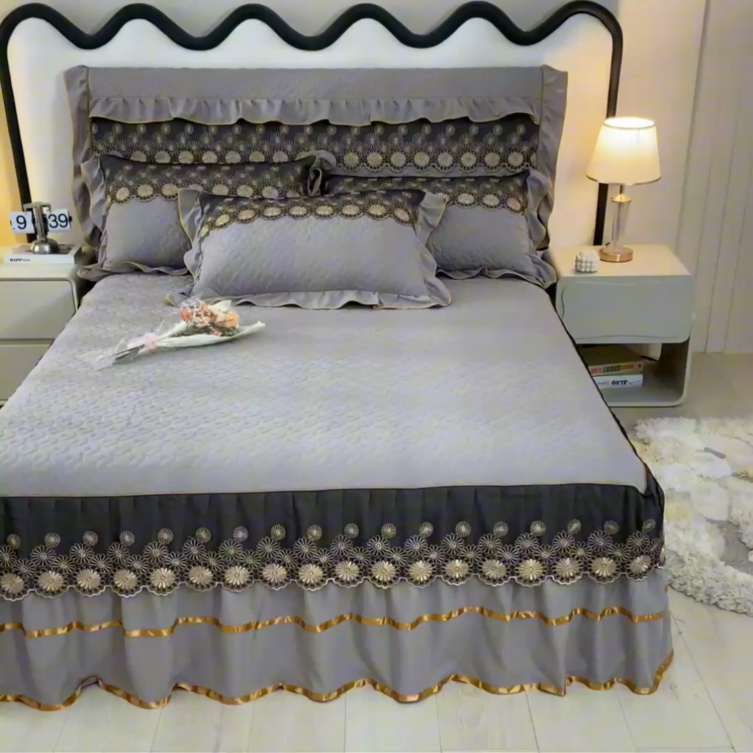 91家纺网 家纺一手货源 找家纺 靓生活 2023新款夹棉绗缝床裙三件套-金玉良缘 绅士灰