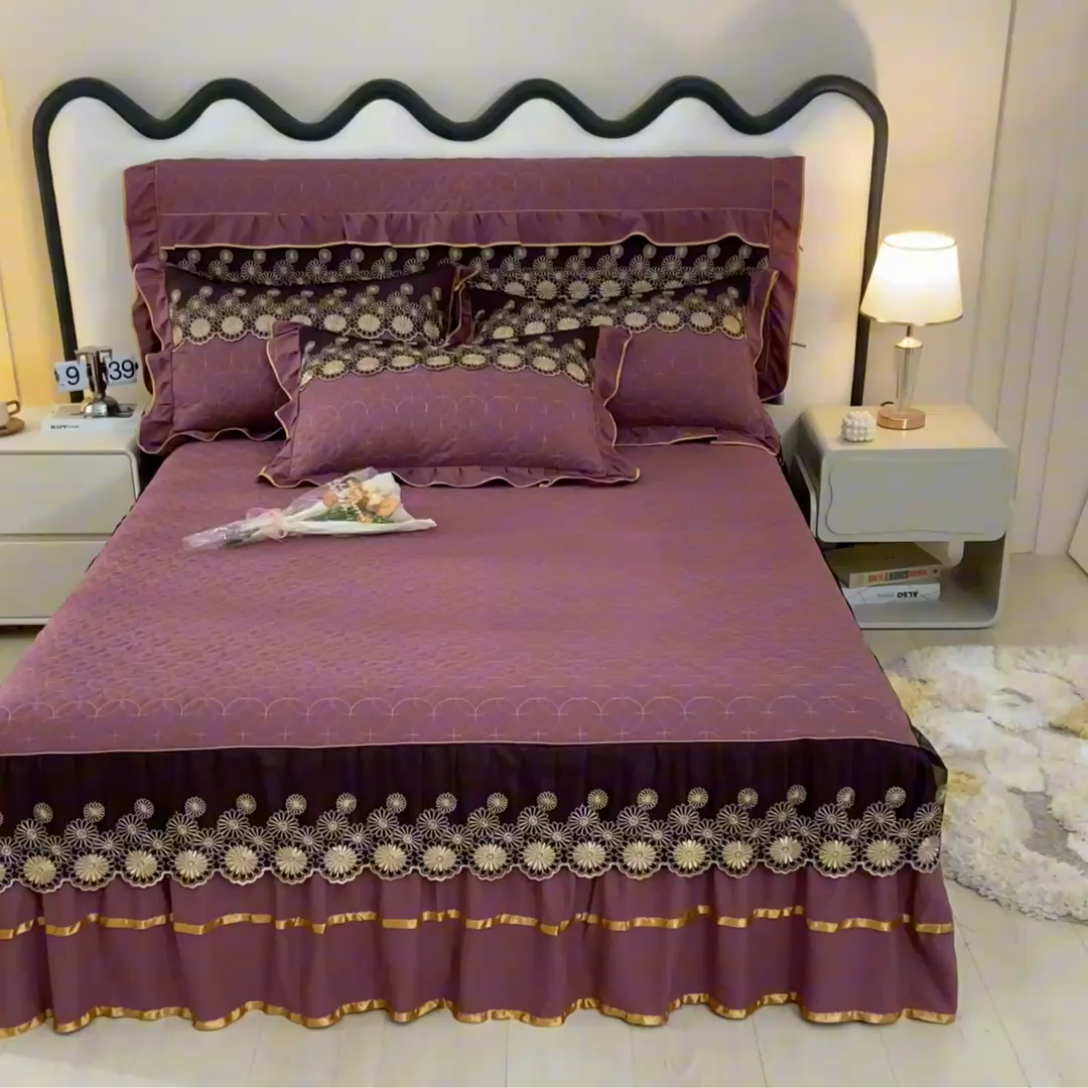 91家纺网 家纺一手货源 找家纺 靓生活 2023新款夹棉绗缝床裙三件套-金玉良缘 优雅紫
