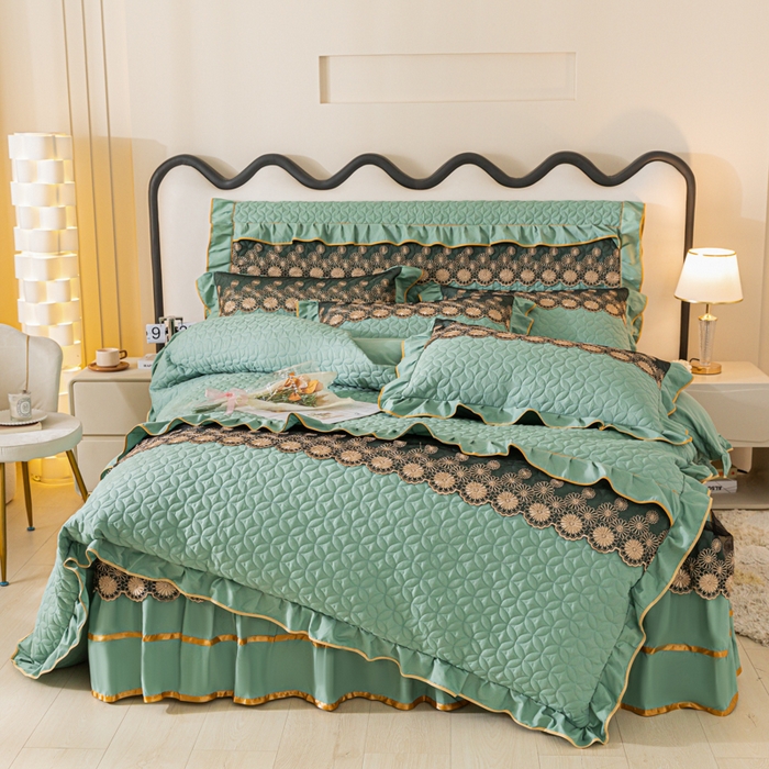 91家纺网 家纺一手货源 找家纺 靓生活 2023新款夹棉绗缝床裙四件套-金玉良缘 豆绿