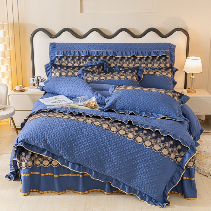 91家纺网 家纺一手货源 找家纺 靓生活 2023新款夹棉绗缝床裙四件套-金玉良缘 宝蓝