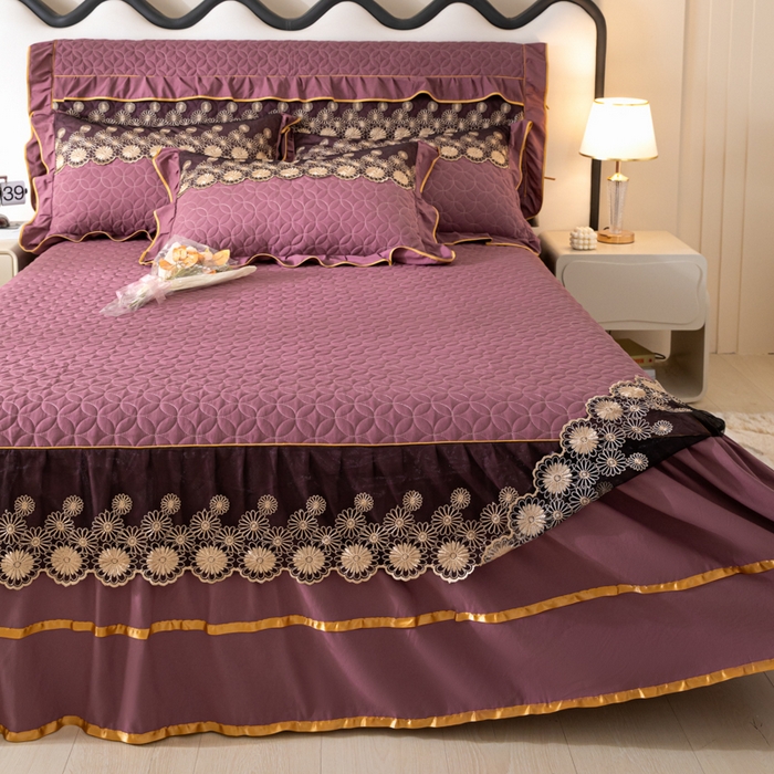 91家纺网 家纺一手货源 找家纺 靓生活 2023新款夹棉绗缝床裙三件套-金玉良缘 优雅紫