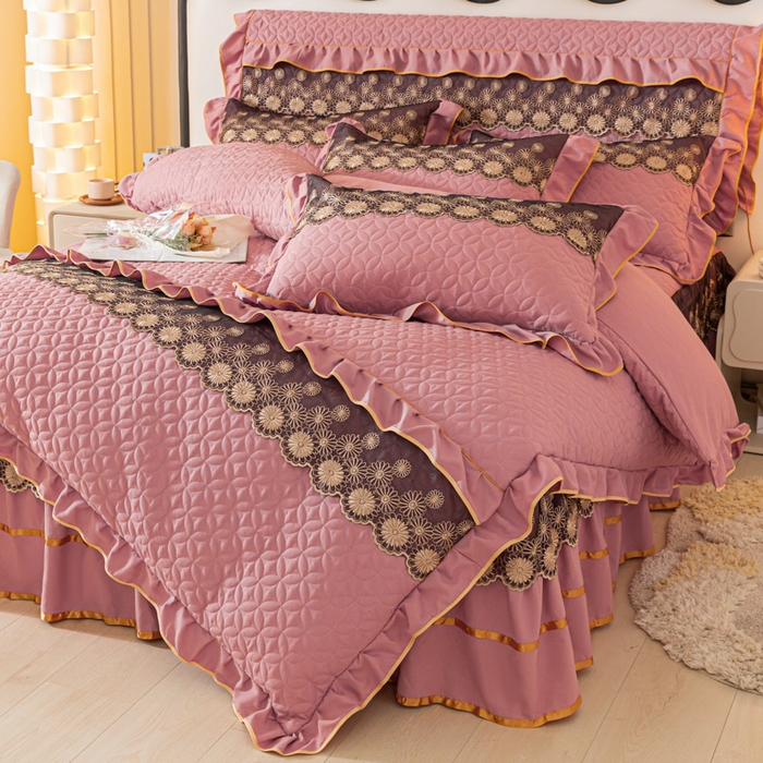 91家纺网 家纺一手货源 找家纺 靓生活 2023新款夹棉绗缝床裙四件套-金玉良缘 豆沙