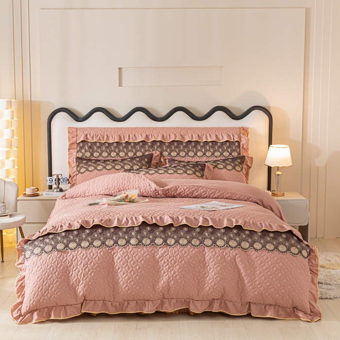 91家纺网 家纺一手货源 找家纺 靓生活 2023新款夹棉绗缝床裙四件套-金玉良缘 卡其