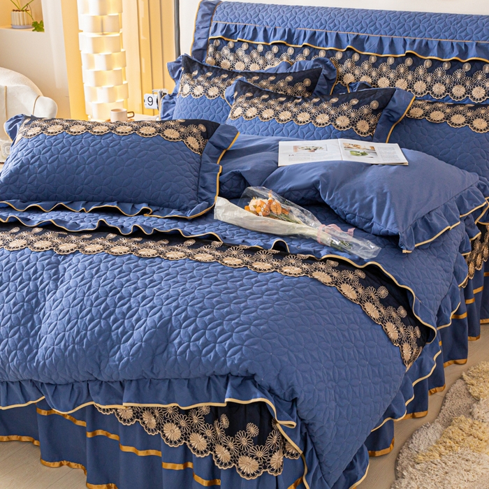 91家纺网 家纺一手货源 找家纺 靓生活 2023新款夹棉绗缝床裙四件套-金玉良缘 宝蓝