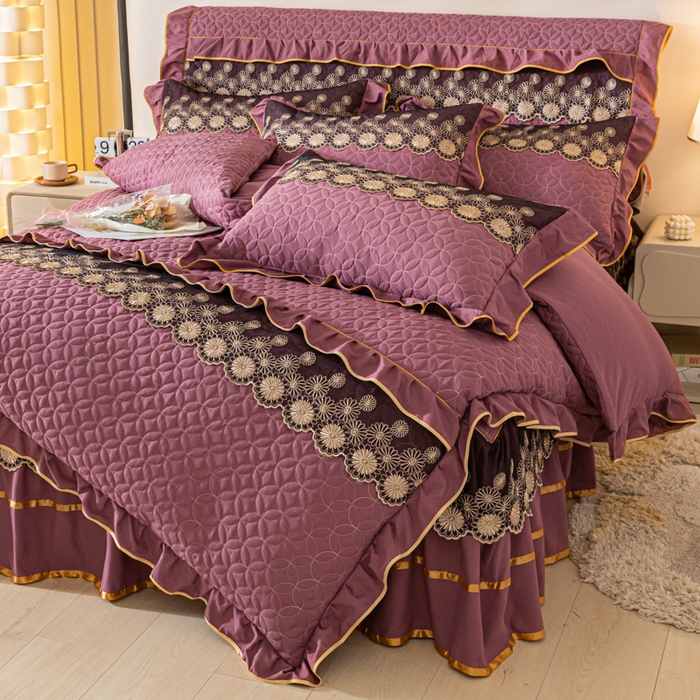 91家纺网 家纺一手货源 找家纺 靓生活 2023新款夹棉绗缝床裙四件套-金玉良缘 优雅紫