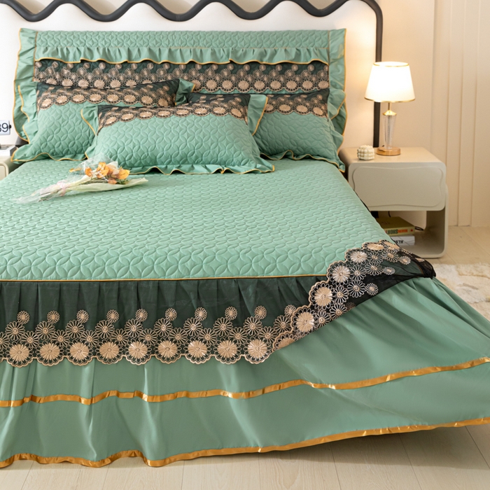 91家纺网 家纺一手货源 找家纺 靓生活 2023新款夹棉绗缝床裙三件套-金玉良缘 果绿