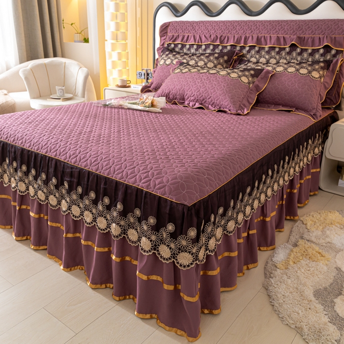 91家纺网 家纺一手货源 找家纺 靓生活 2023新款夹棉绗缝床裙三件套-金玉良缘 优雅紫