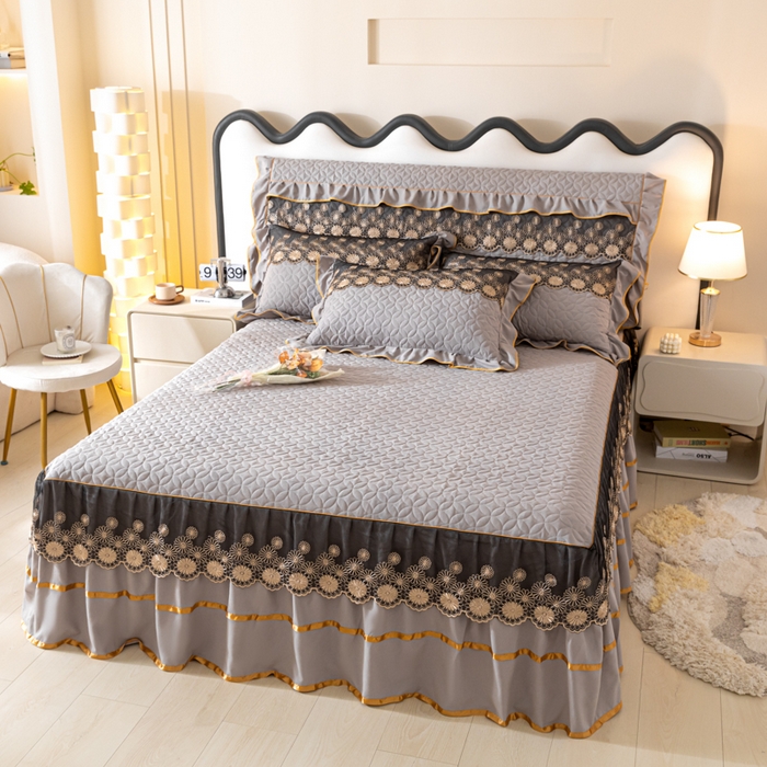 91家纺网 家纺一手货源 找家纺 靓生活 2023新款夹棉绗缝床裙三件套-金玉良缘 绅士灰