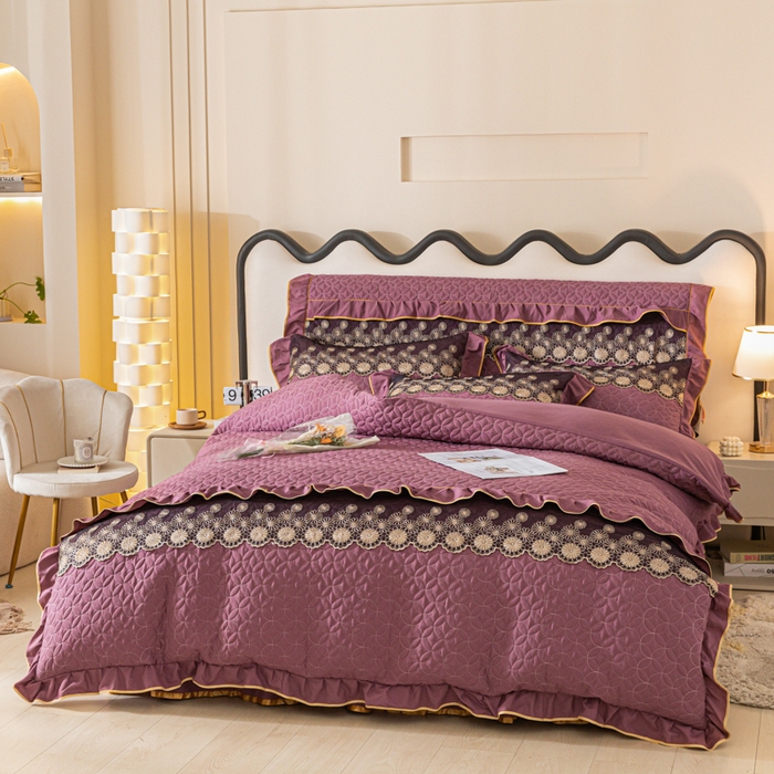 91家纺网 家纺一手货源 找家纺 靓生活 2023新款夹棉绗缝床裙四件套-金玉良缘 优雅紫