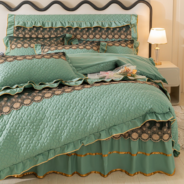 91家纺网 家纺一手货源 找家纺 靓生活 2023新款夹棉绗缝床裙四件套-金玉良缘 豆绿