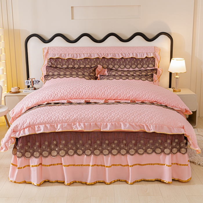 91家纺网 家纺一手货源 找家纺 靓生活 2023新款夹棉绗缝床裙四件套-金玉良缘 粉玉