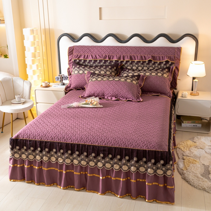 91家纺网 家纺一手货源 找家纺 靓生活 2023新款夹棉绗缝床裙三件套-金玉良缘 优雅紫