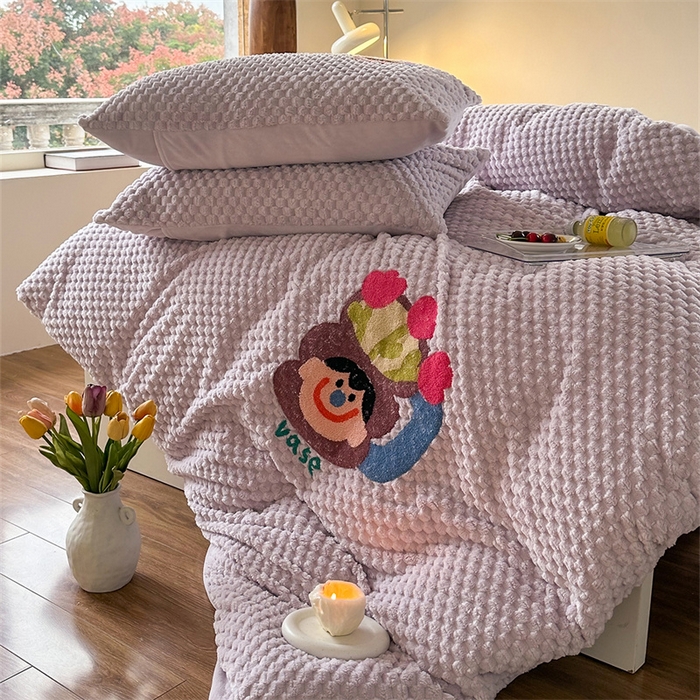 91家纺网 家纺一手货源 找家纺 洋铭区（原狠狠爱） 2023新款加厚豆豆绒牛奶绒四件套 海贝紫