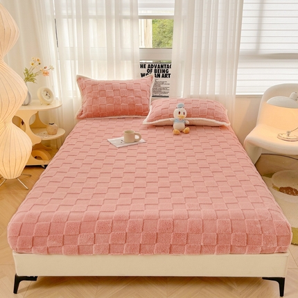 蕾诺家纺 2023新款牛奶绒塔芙绒纯色保暖床笠保护垫床罩 拼图 粉