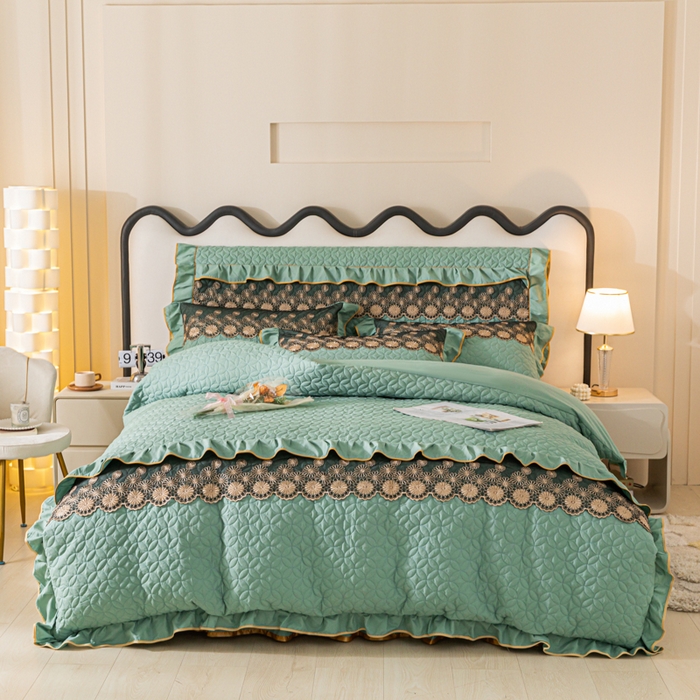 91家纺网 家纺一手货源 找家纺 靓生活 2023新款夹棉绗缝床裙四件套-金玉良缘 豆绿