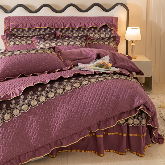 91家纺网 家纺一手货源 找家纺 靓生活 2023新款夹棉绗缝床裙四件套-金玉良缘 优雅紫