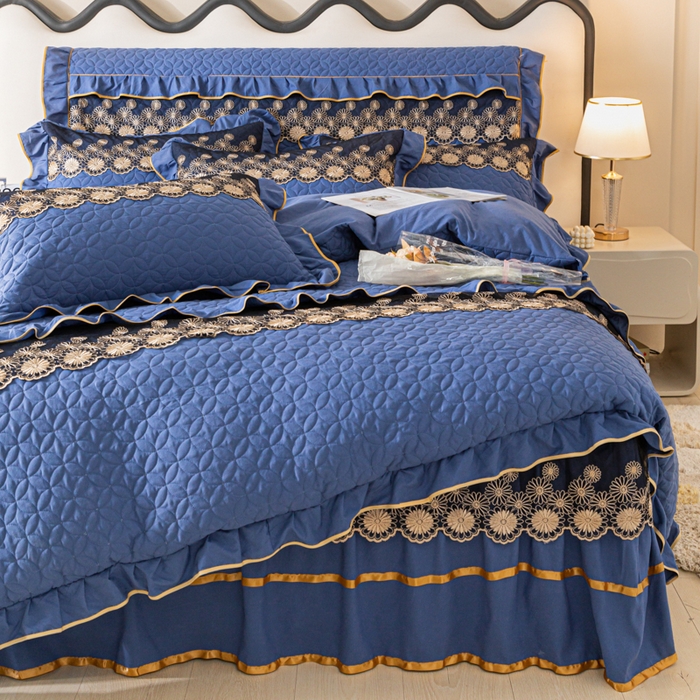 91家纺网 家纺一手货源 找家纺 靓生活 2023新款夹棉绗缝床裙四件套-金玉良缘 宝蓝