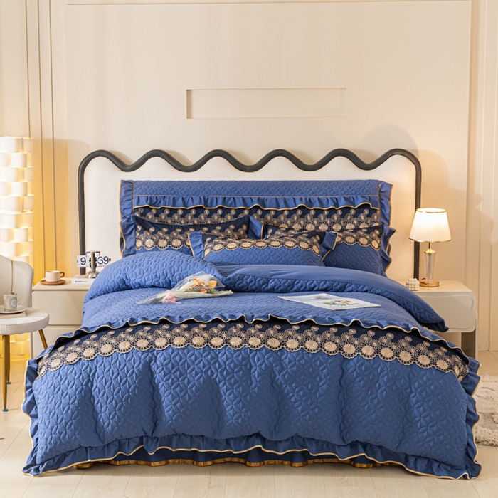 91家纺网 家纺一手货源 找家纺 靓生活 2023新款夹棉绗缝床裙四件套-金玉良缘 宝蓝