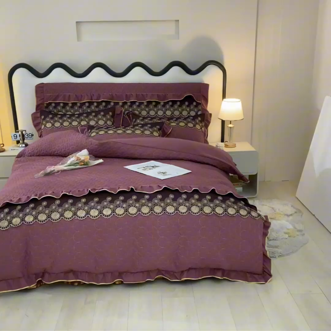 91家纺网 家纺一手货源 找家纺 靓生活 2023新款夹棉绗缝床裙四件套-金玉良缘 优雅紫