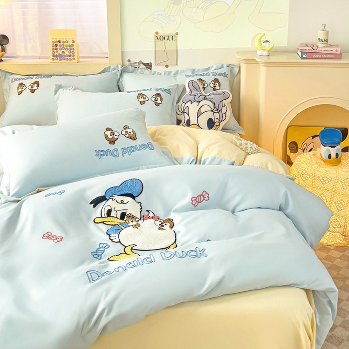 91家纺网 家纺一手货源 找家纺 （总）娜娜 2023新款水洗磨毛毛巾绣四件套-唐老鸭