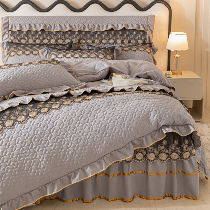 91家纺网 家纺一手货源 找家纺 靓生活 2023新款夹棉绗缝床裙四件套-金玉良缘 绅士灰