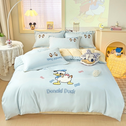 91家纺网 家纺一手货源 找家纺 （总）娜娜 2023新款水洗磨毛毛巾绣四件套-唐老鸭