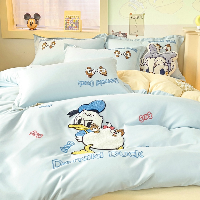 91家纺网 家纺一手货源 找家纺 （总）娜娜 2023新款水洗磨毛毛巾绣四件套-唐老鸭