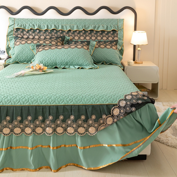 91家纺网 家纺一手货源 找家纺 靓生活 2023新款夹棉绗缝床裙三件套-金玉良缘 果绿