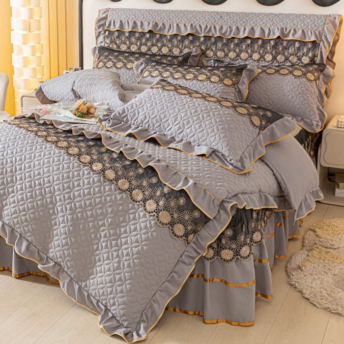 91家纺网 家纺一手货源 找家纺 靓生活 2023新款夹棉绗缝床裙四件套-金玉良缘 绅士灰