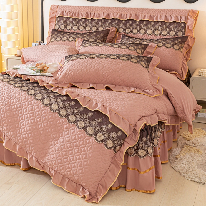 91家纺网 家纺一手货源 找家纺 靓生活 2023新款夹棉绗缝床裙四件套-金玉良缘 卡其