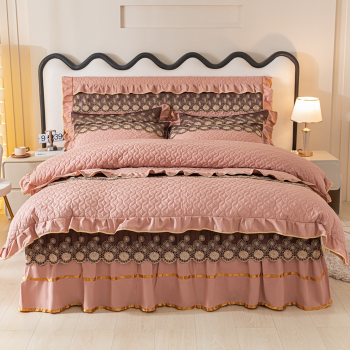 91家纺网 家纺一手货源 找家纺 靓生活 2023新款夹棉绗缝床裙四件套-金玉良缘 卡其