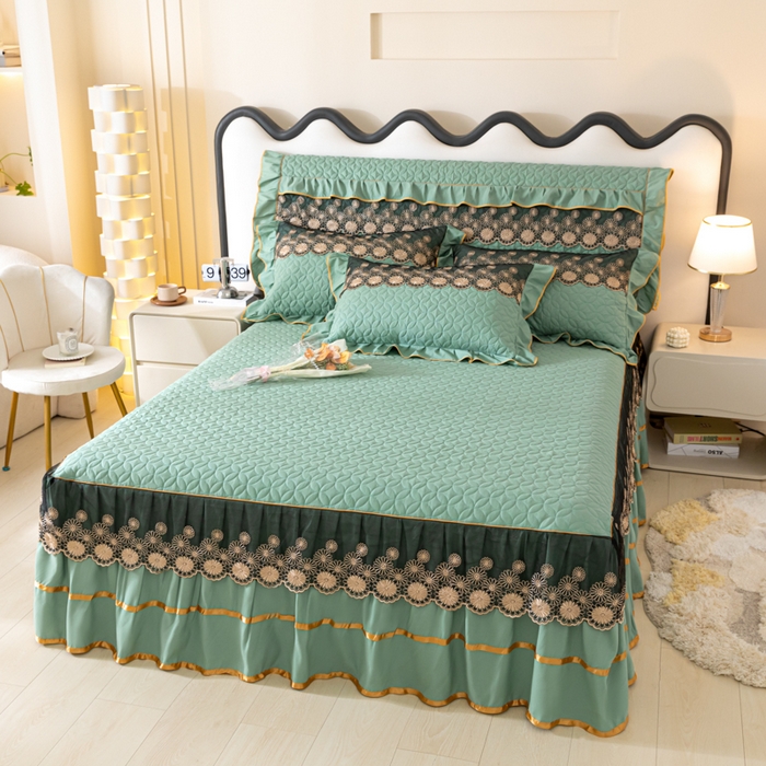 91家纺网 家纺一手货源 找家纺 靓生活 2023新款夹棉绗缝床裙三件套-金玉良缘 果绿