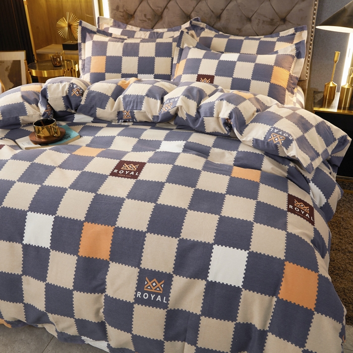 91家纺网 家纺一手货源 找家纺 伊而梦 2023新款全棉磨毛印花四件套系列四件套 格子元素-灰