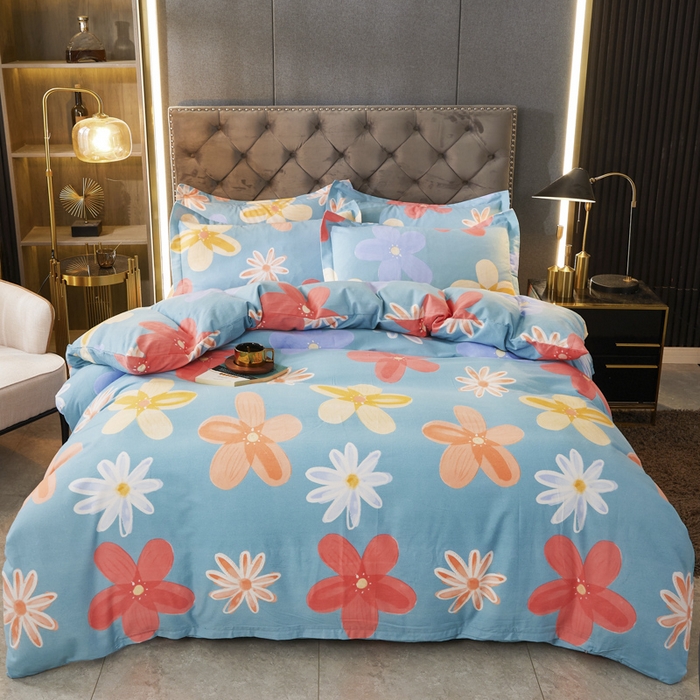 91家纺网 家纺一手货源 找家纺 伊而梦 2023新款全棉磨毛印花四件套系列四件套 花语时光-蓝