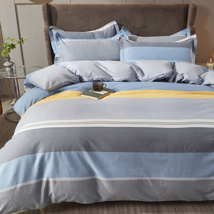 91家纺网 家纺一手货源 找家纺 伊而梦 2023新款全棉磨毛印花四件套系列四件套 欧式条纹-蓝