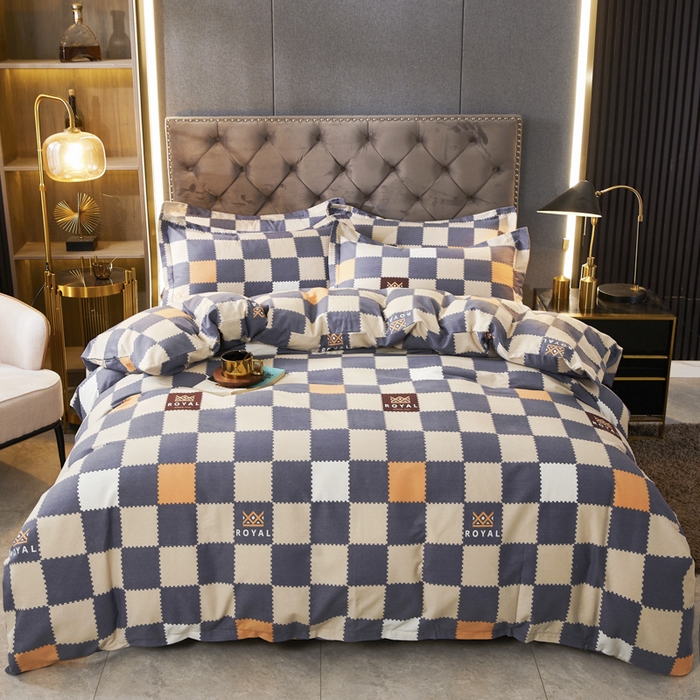 91家纺网 家纺一手货源 找家纺 伊而梦 2023新款全棉磨毛印花四件套系列四件套 格子元素-灰