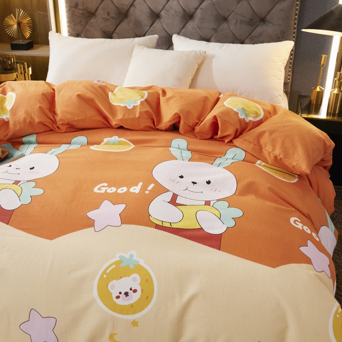 91家纺网 家纺一手货源 找家纺 伊而梦 2023新款全棉磨毛印花四件套系列四件套 兔子家族-桔