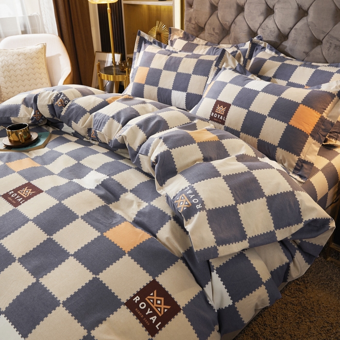 91家纺网 家纺一手货源 找家纺 伊而梦 2023新款全棉磨毛印花四件套系列四件套 格子元素-灰