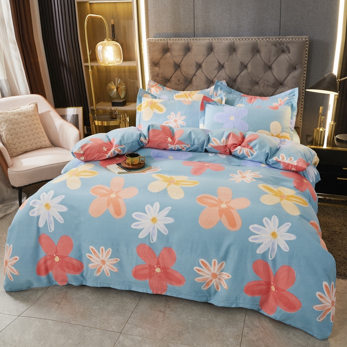 91家纺网 家纺一手货源 找家纺 伊而梦 2023新款全棉磨毛印花四件套系列四件套 花语时光-蓝