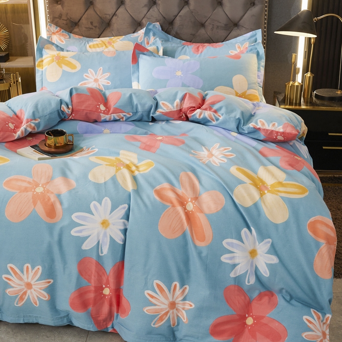 91家纺网 家纺一手货源 找家纺 伊而梦 2023新款全棉磨毛印花四件套系列四件套 花语时光-蓝