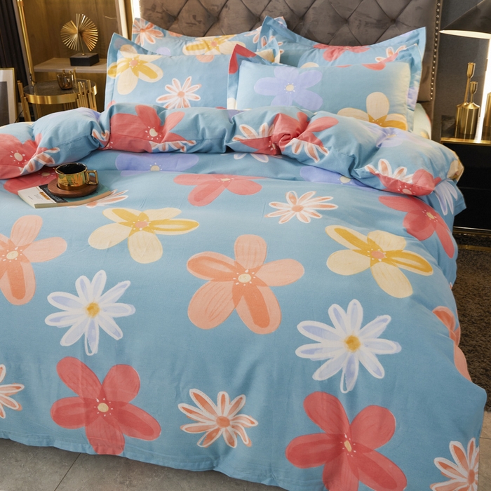 91家纺网 家纺一手货源 找家纺 伊而梦 2023新款全棉磨毛印花四件套系列四件套 花语时光-蓝