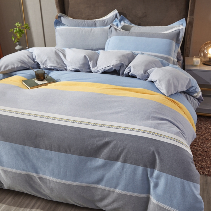 91家纺网 家纺一手货源 找家纺 伊而梦 2023新款全棉磨毛印花四件套系列四件套 欧式条纹-蓝