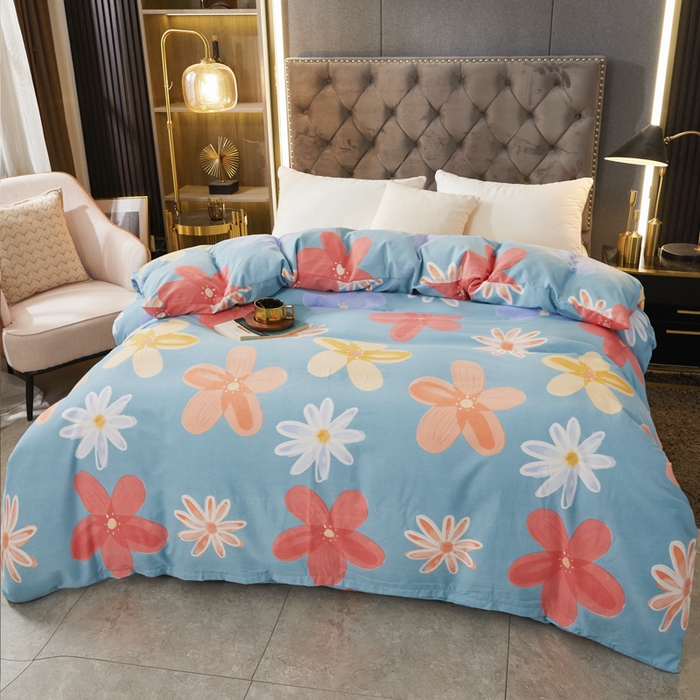 91家纺网 家纺一手货源 找家纺 伊而梦 2023新款全棉磨毛印花四件套系列四件套 花语时光-蓝