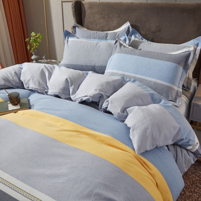 91家纺网 家纺一手货源 找家纺 伊而梦 2023新款全棉磨毛印花四件套系列四件套 欧式条纹-蓝