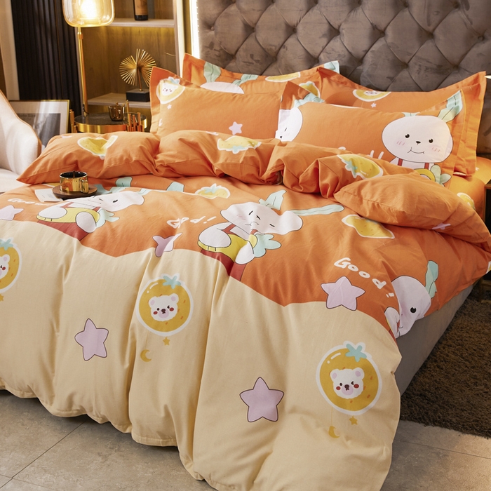 91家纺网 家纺一手货源 找家纺 伊而梦 2023新款全棉磨毛印花四件套系列四件套 兔子家族-桔