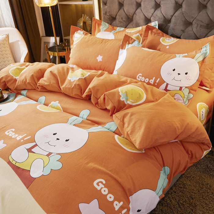 91家纺网 家纺一手货源 找家纺 伊而梦 2023新款全棉磨毛印花四件套系列四件套 兔子家族-桔